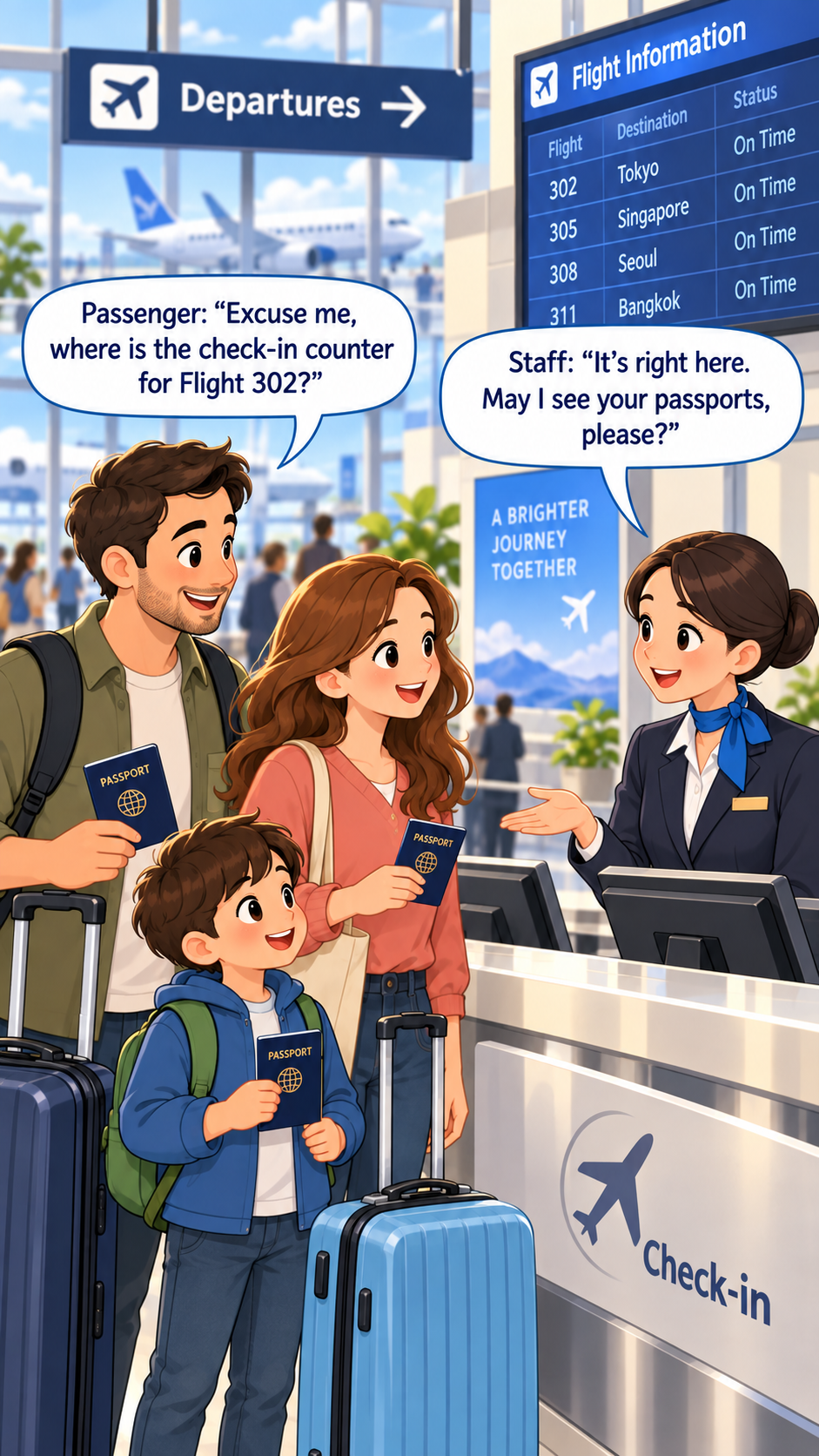 Gia đình làm thủ tục check-in và giao tiếp bằng tiếng Anh tại sân bay